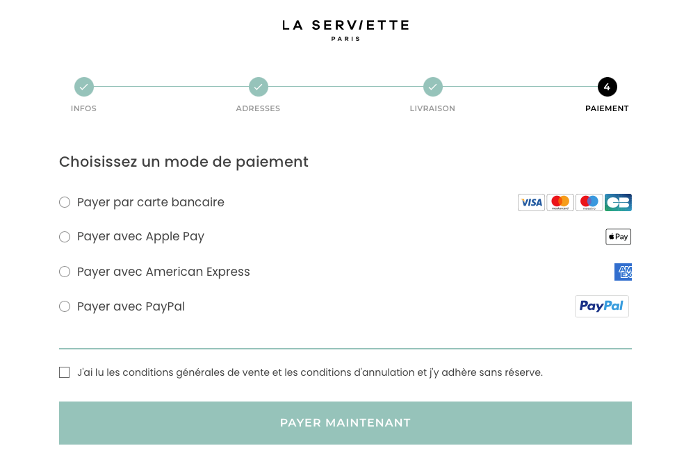 écran de paiement du site e-commerce serviette Paris qui affiche: "Choisissez un mode de paiement parmi: Payer par carte bancaire Payer avec Apple Pay Payer avec American Express Payer avec PayPal"